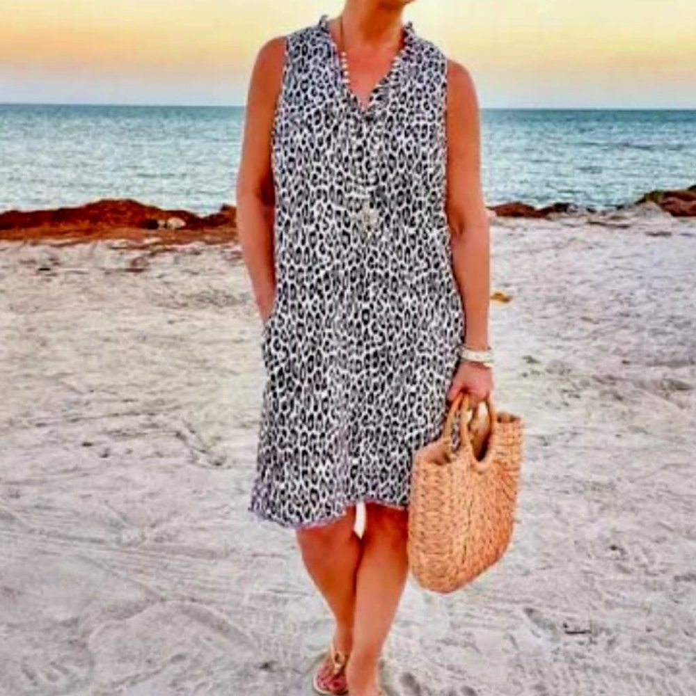 Tommy Bahama LInen Sleeveless Ruffle Dress, Cheetah, Large
